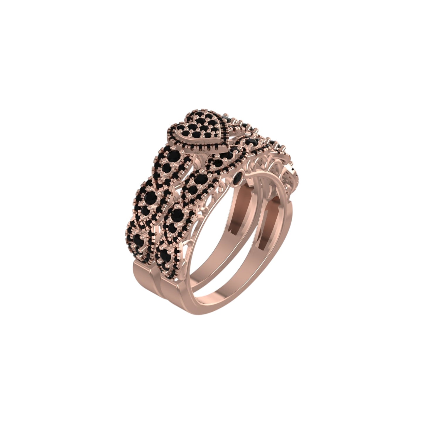 Rose gold ring with black gemstones on a white background