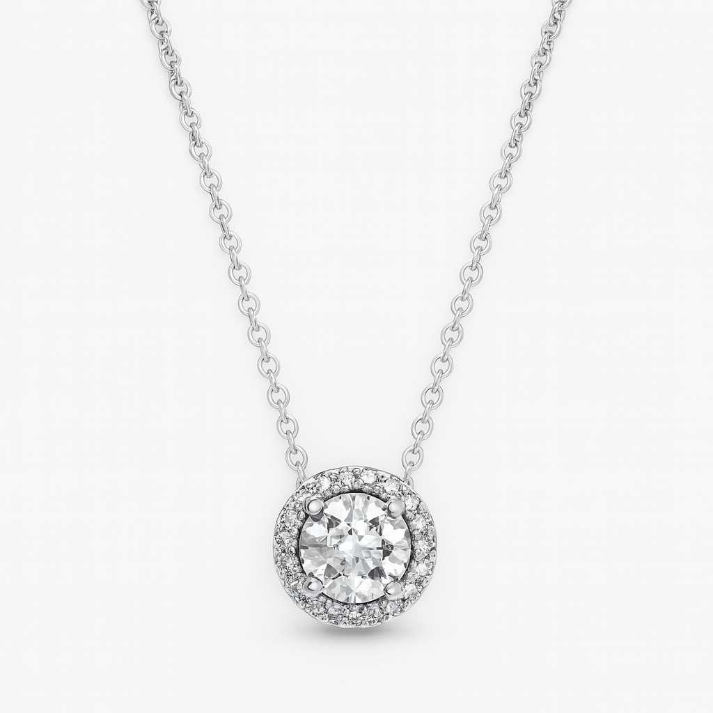 Silver necklace with a round diamond pendant on a white background