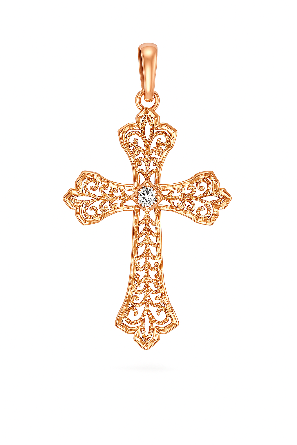 Rose gold cross pendant with intricate design on a white background
