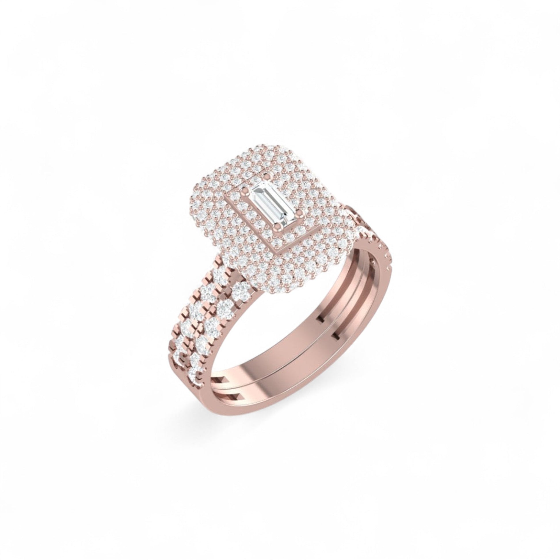 Rose gold ring with diamond accents on a white background
