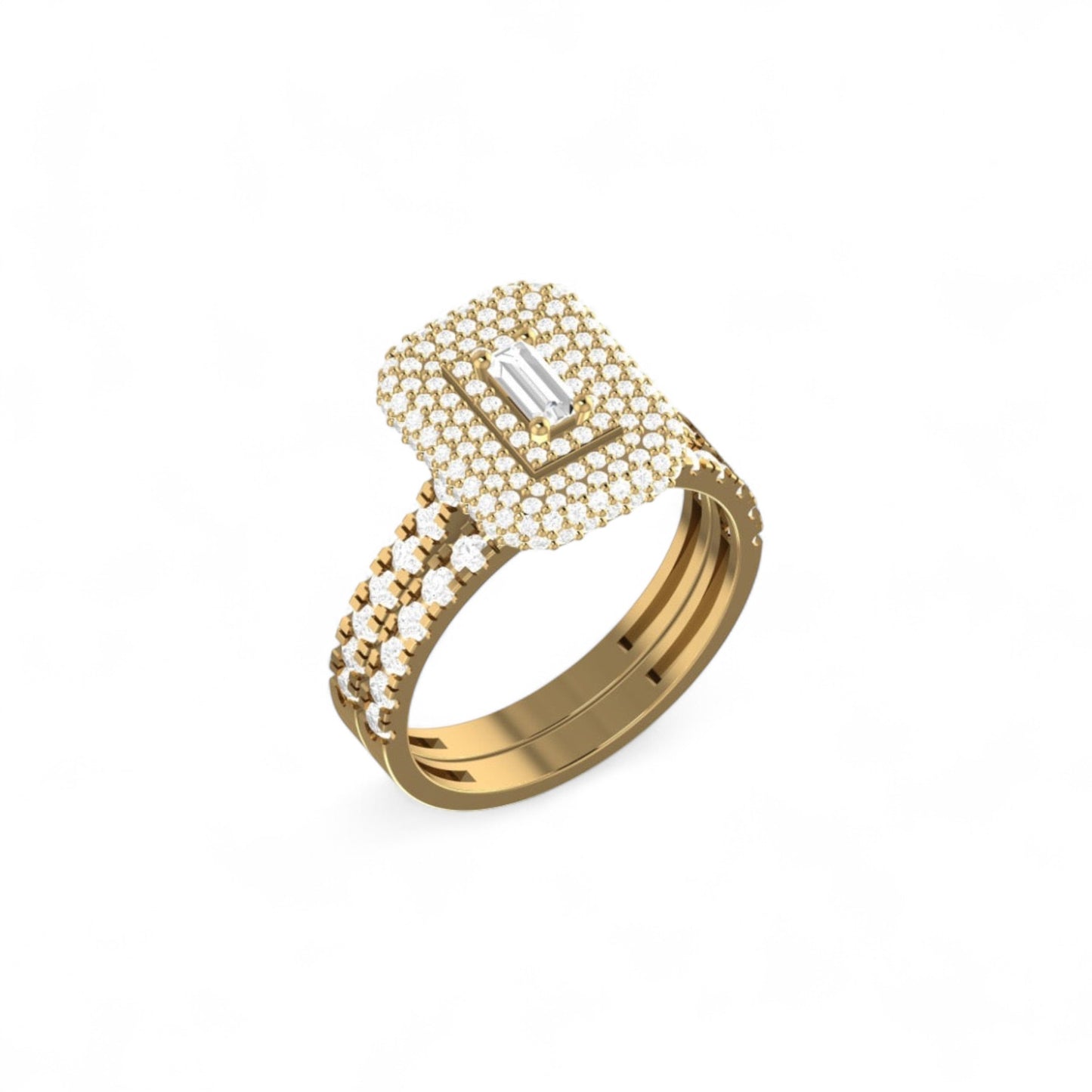 Gold ring with diamond accents on a white background