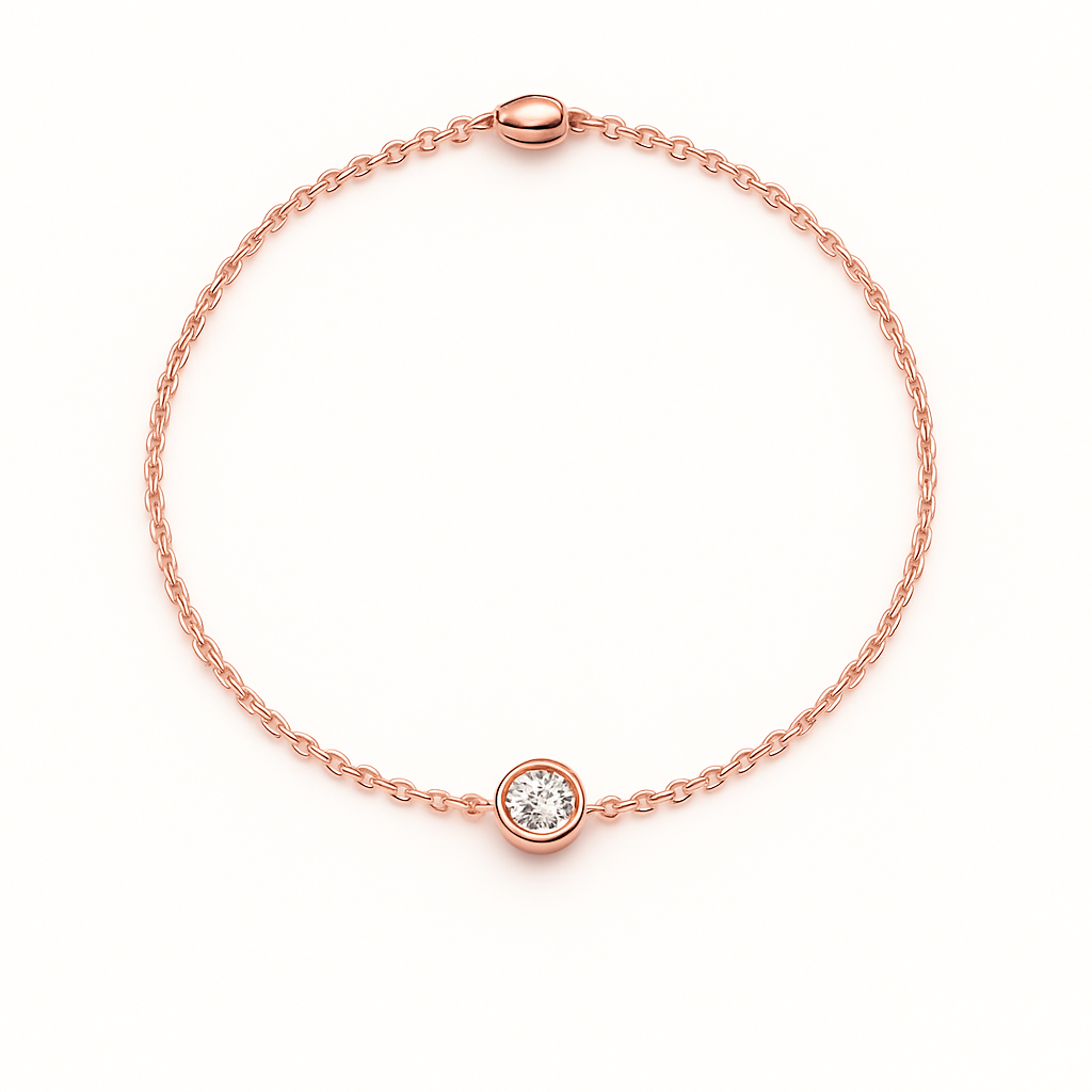 Rose gold bracelet with a small round diamond on a white background