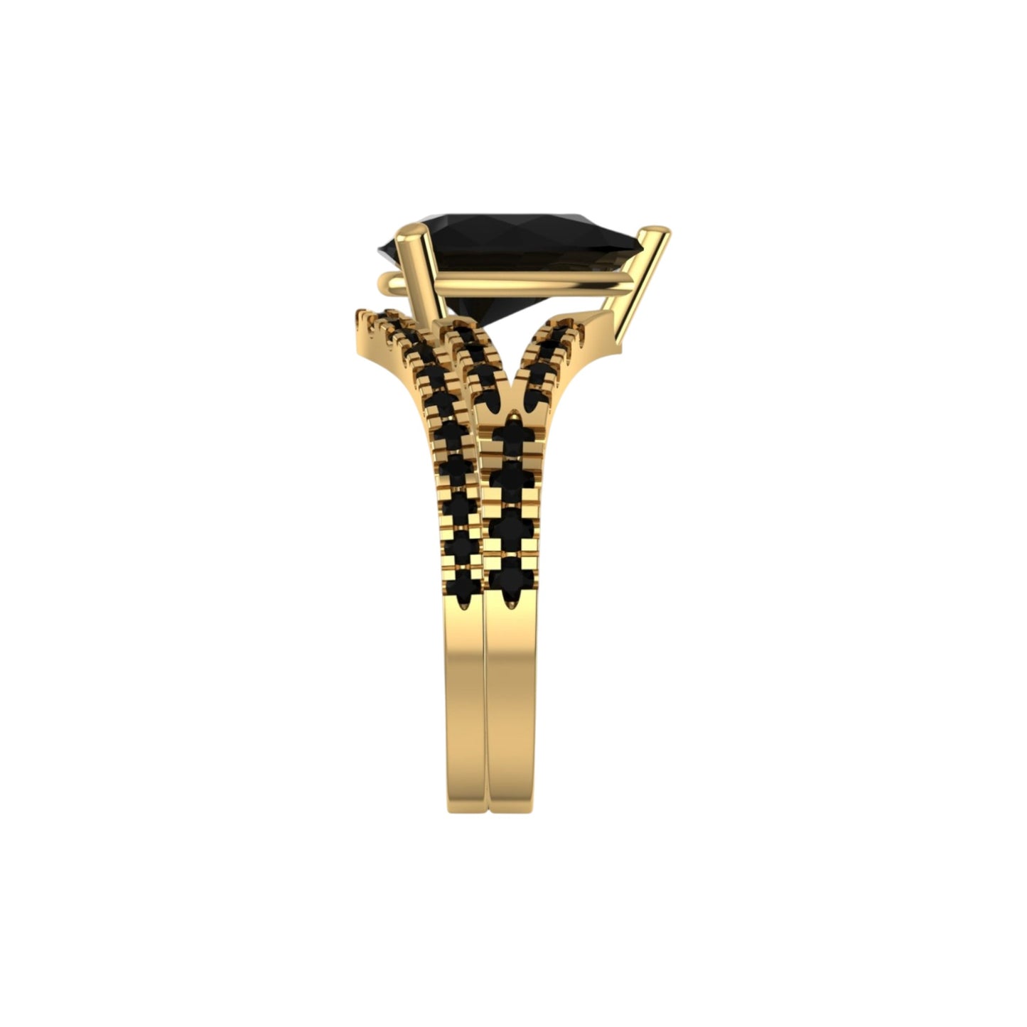 Gold ring with a black gemstone on a white background