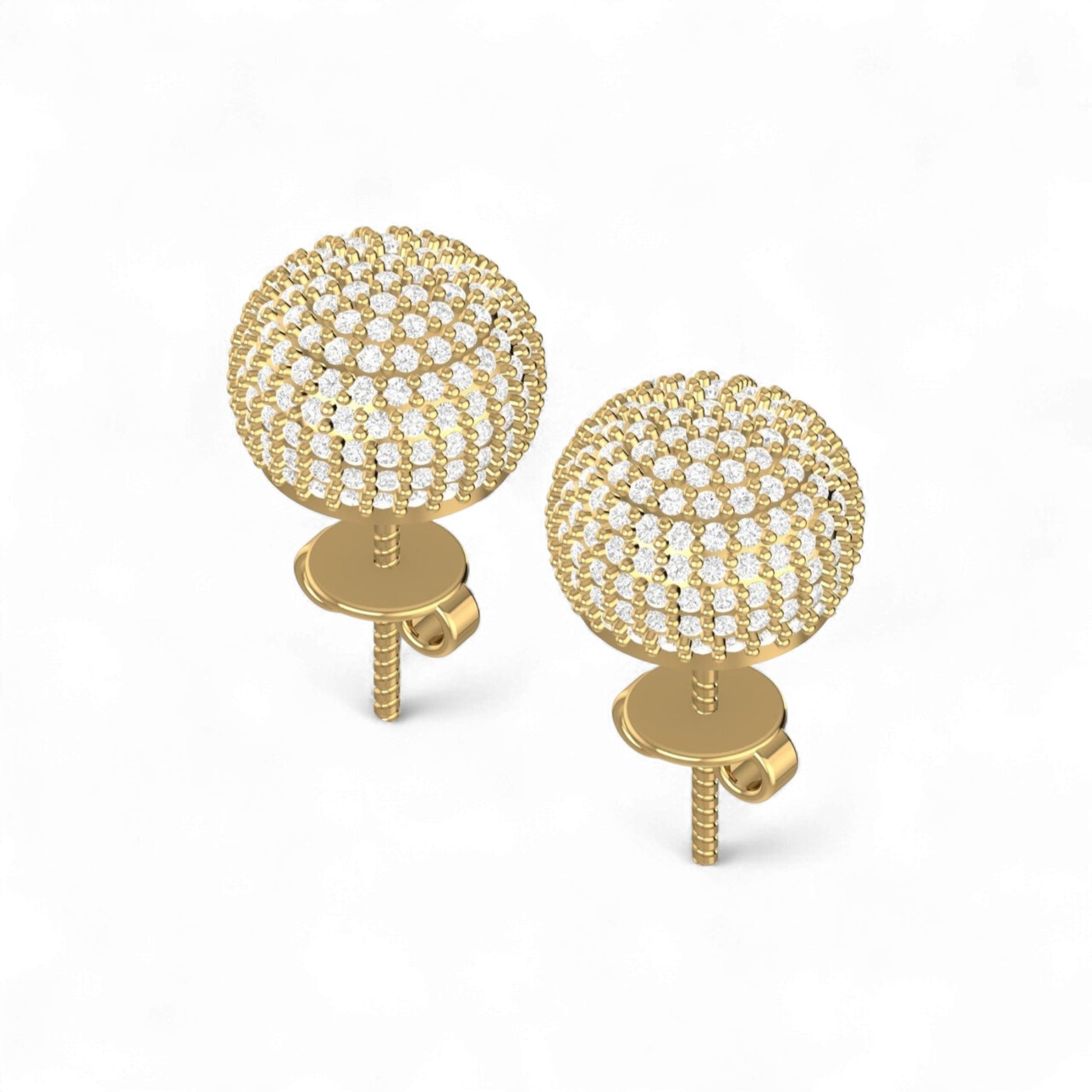 Gold earrings with diamond-like stones on a white background