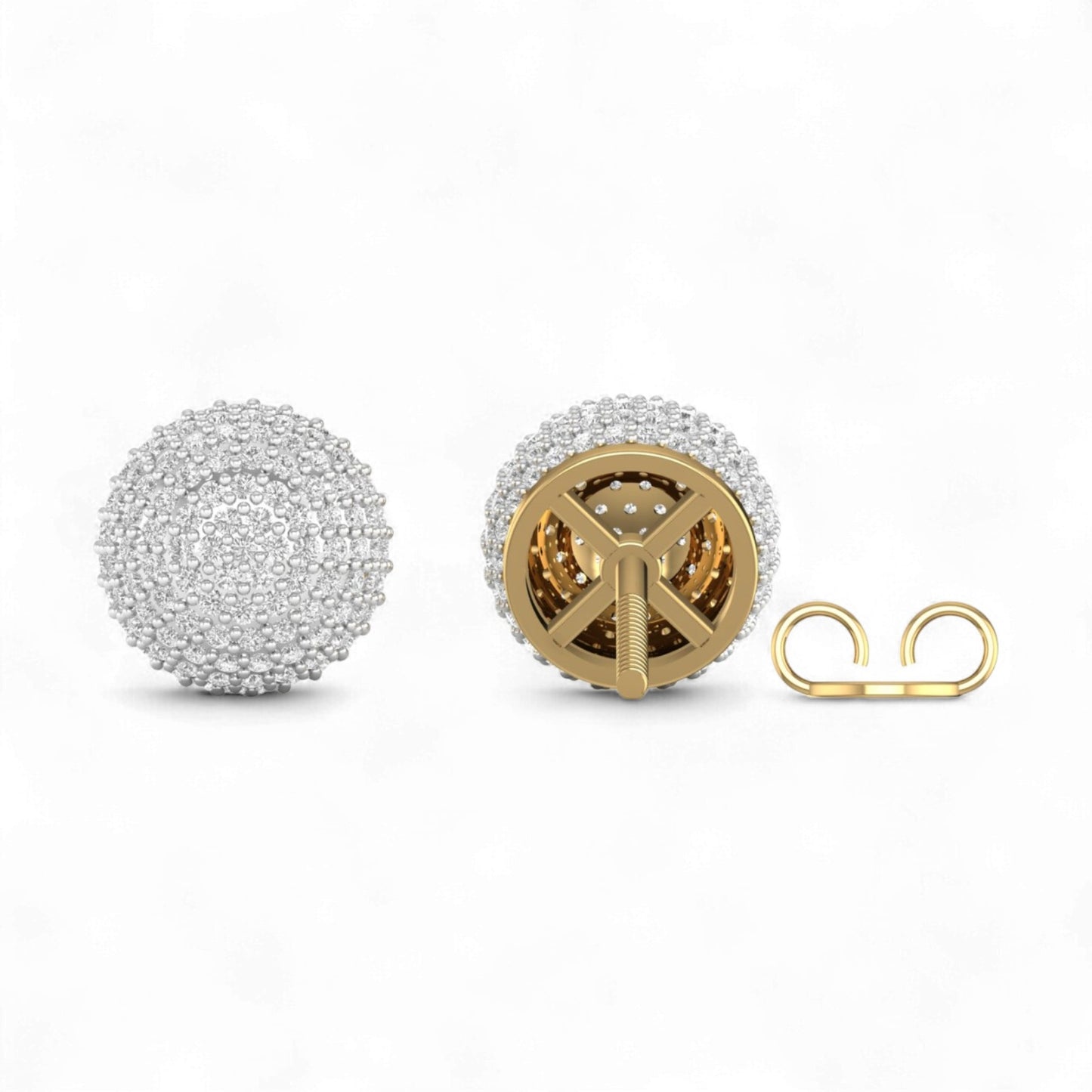 Gold and silver earrings with a peace symbol design on a white background