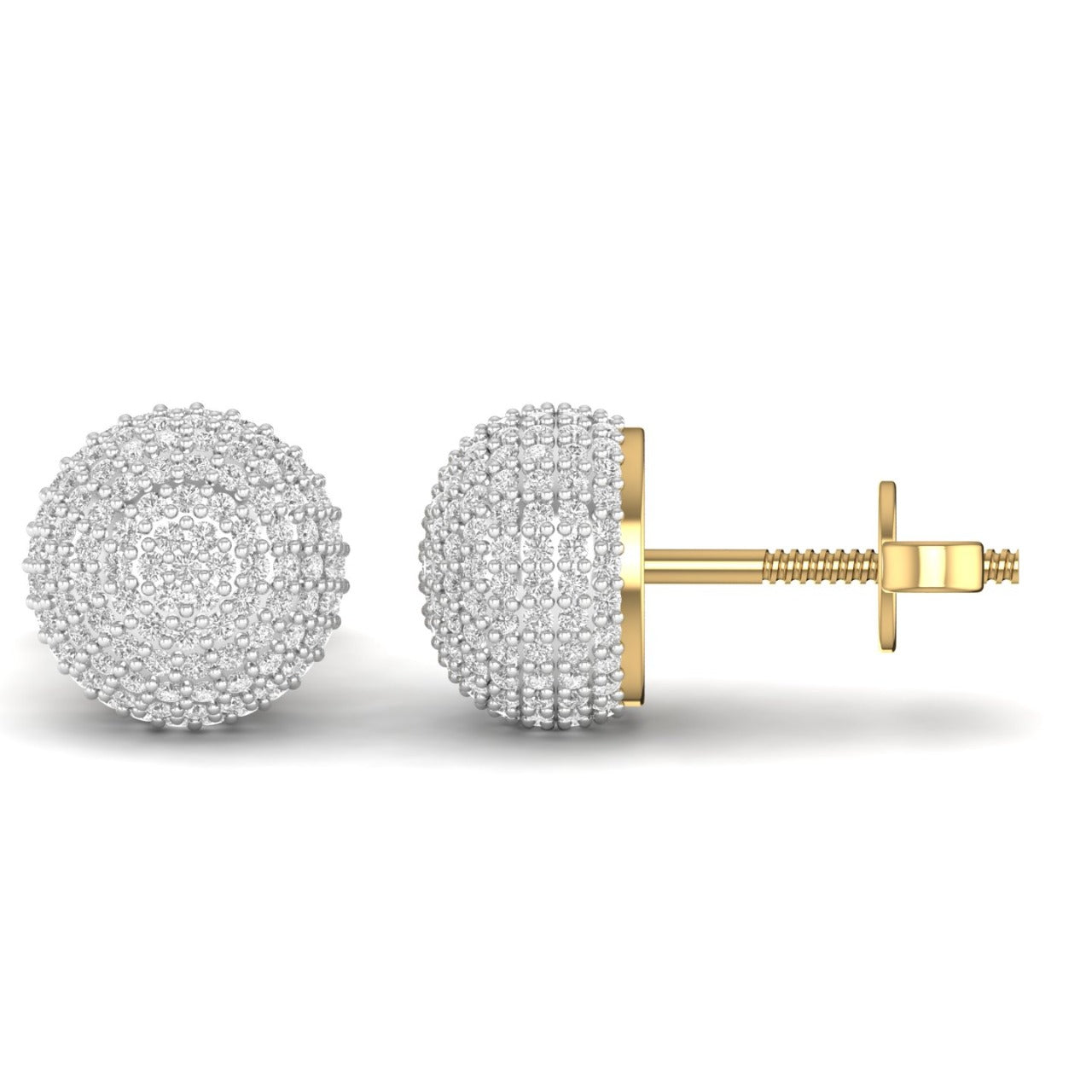 Pair of silver spherical earrings with gold posts on a white background