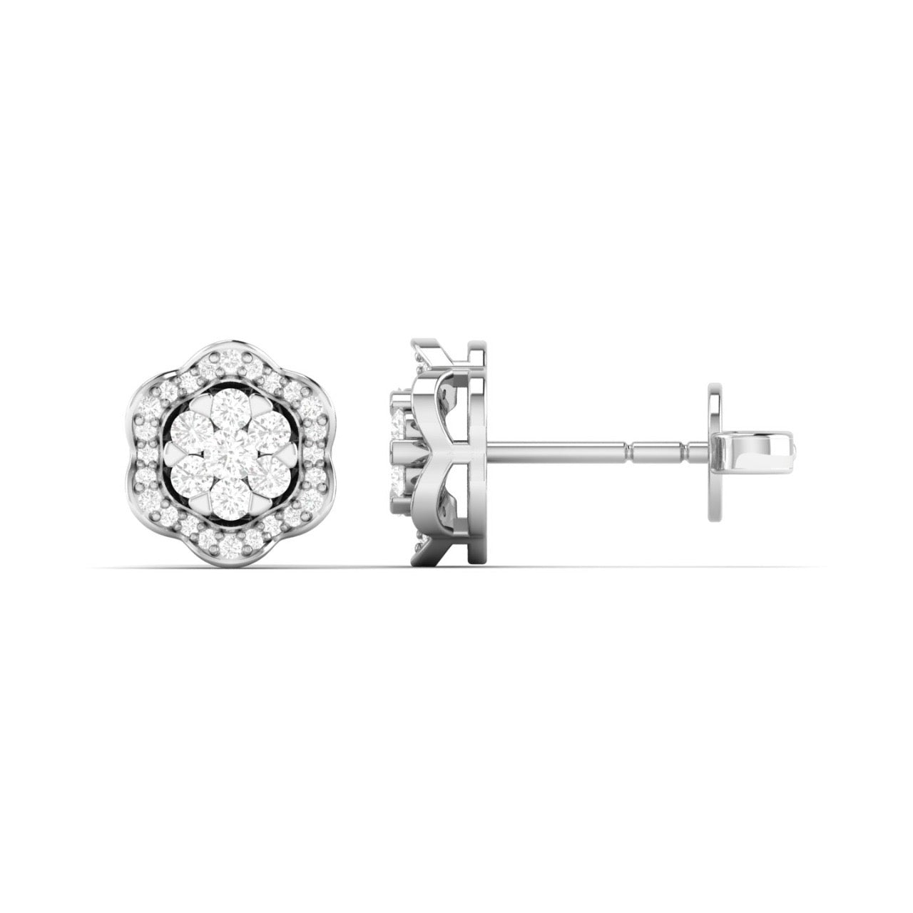 A pair of 18K gold-plated stud earrings with a central round natural diamond surrounded by smaller round clear diamonds.