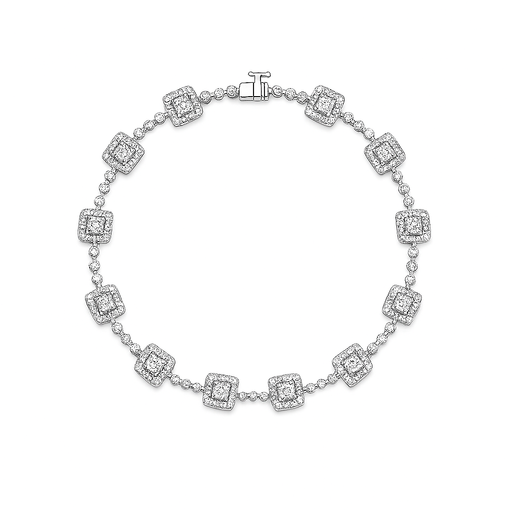Silver bracelet with square links on a white background