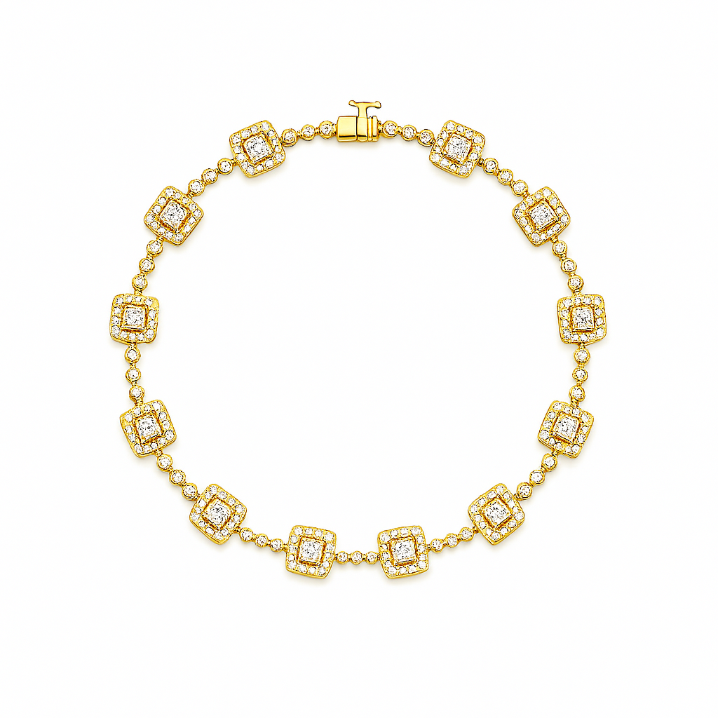 Gold bracelet with diamond accents on a white background