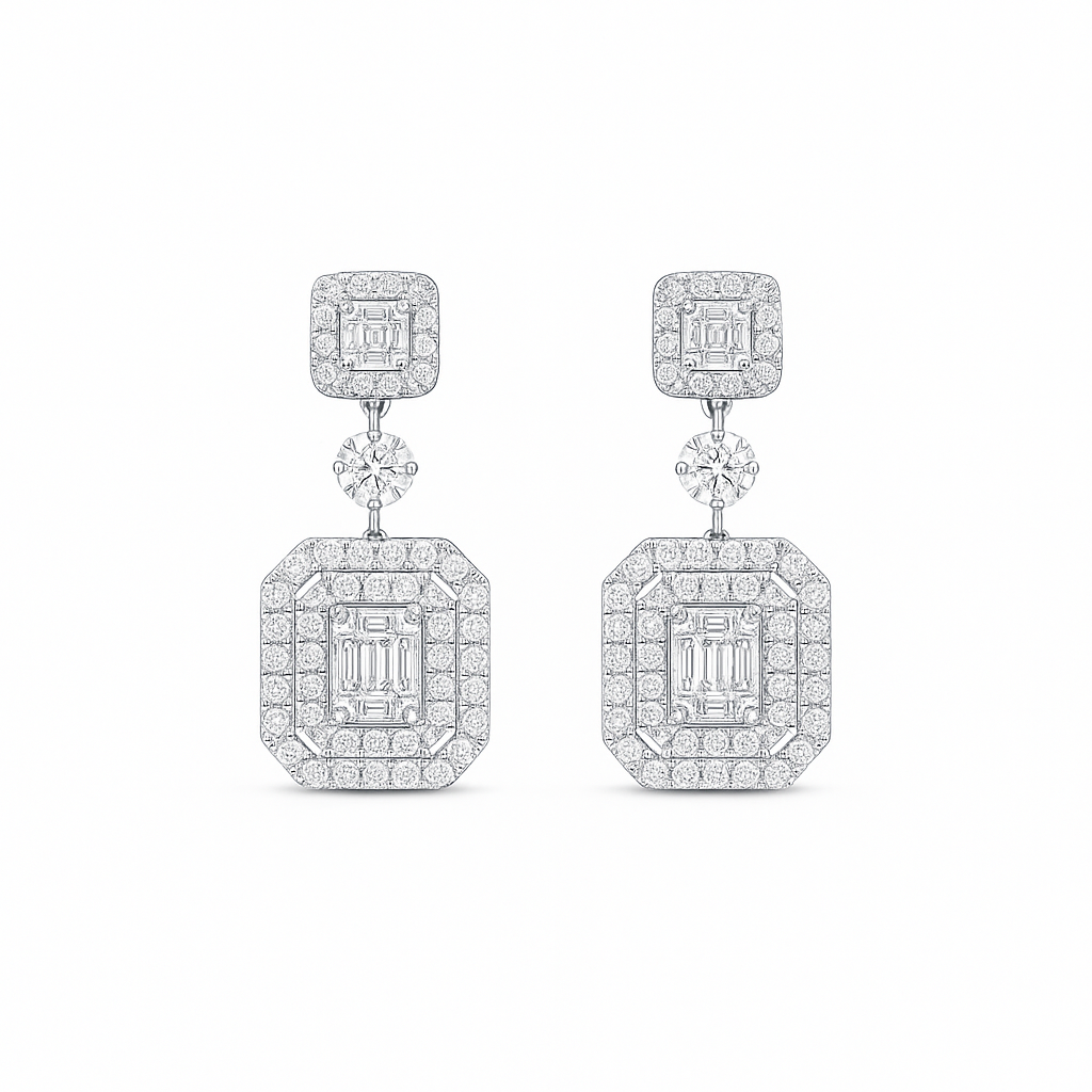 Pair of diamond earrings on a white background