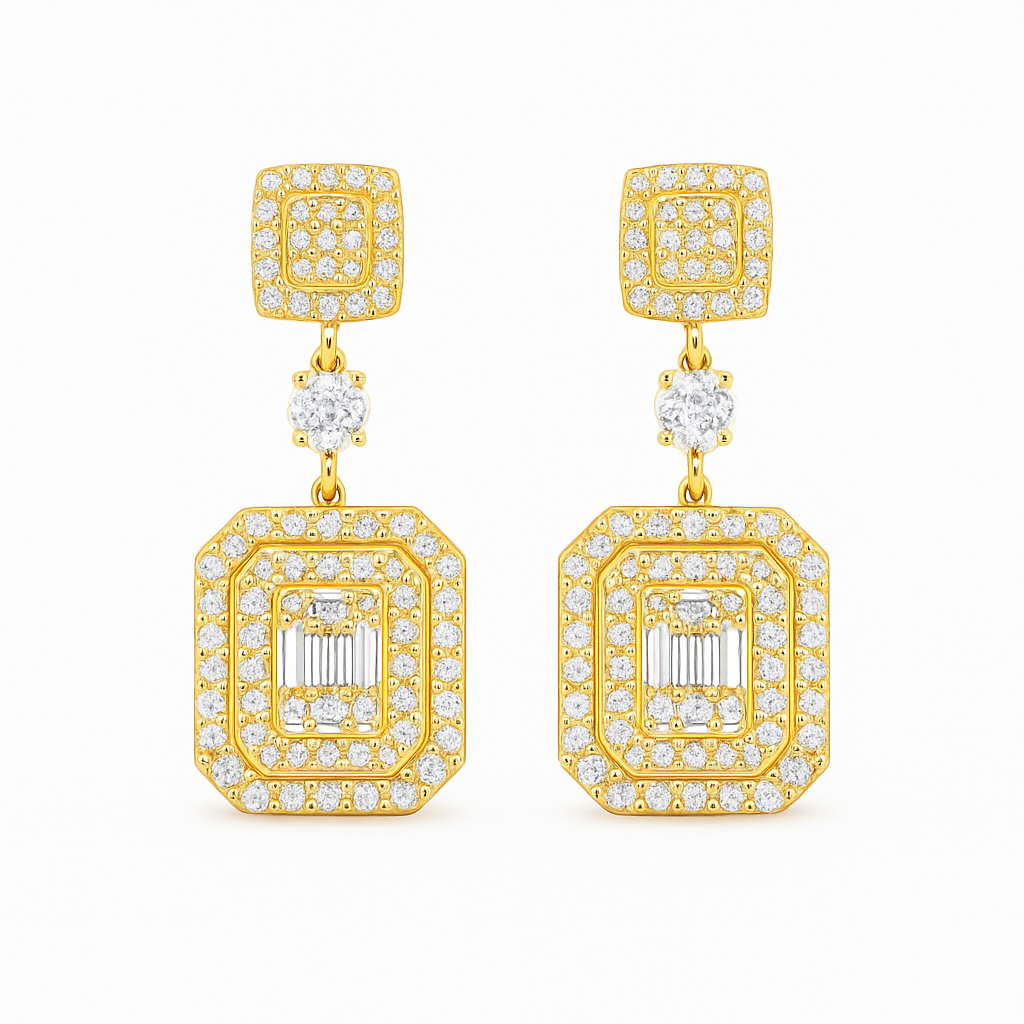 Gold earrings with diamond accents on a white background