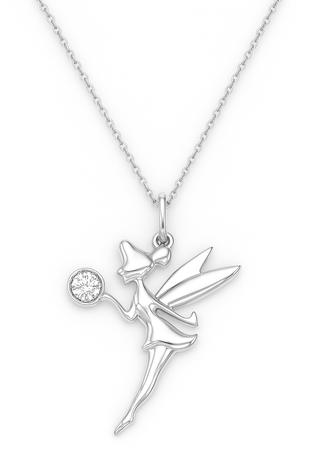 Silver fairy pendant necklace on a white background