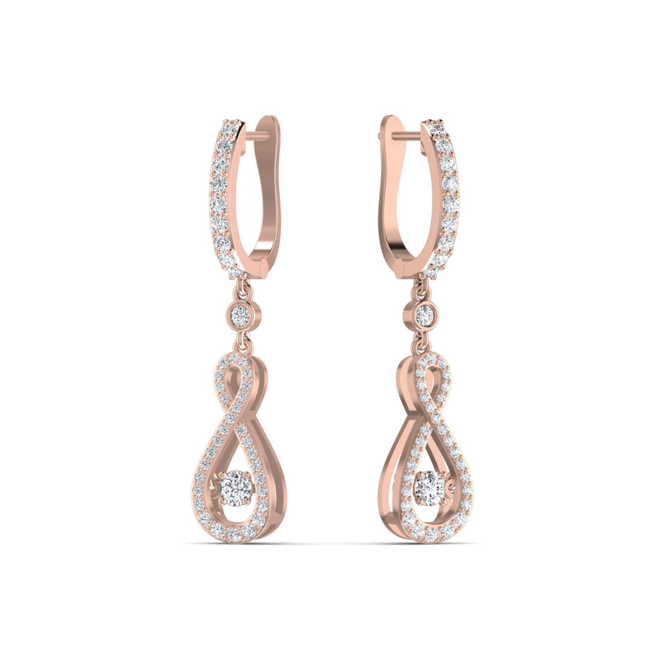 A pair of 18 karat gold hoop earrings with intricate designs and adorned with natural diamonds.
