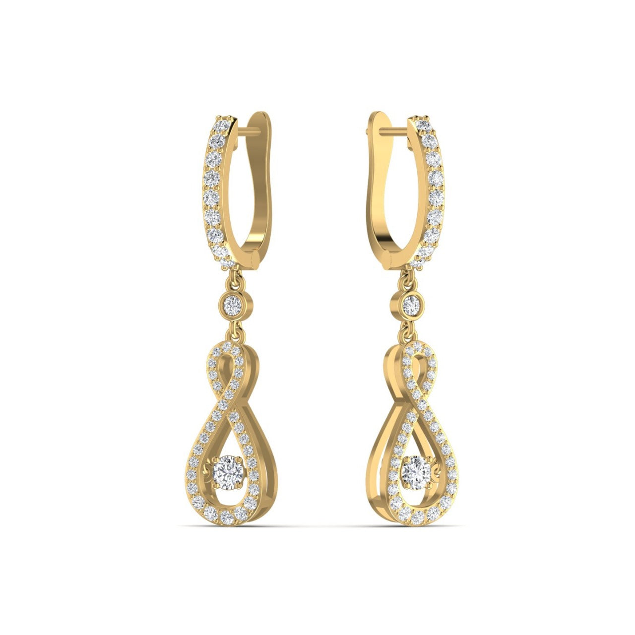 A pair of 18 karat gold hoop earrings with intricate designs and adorned with diamonds.