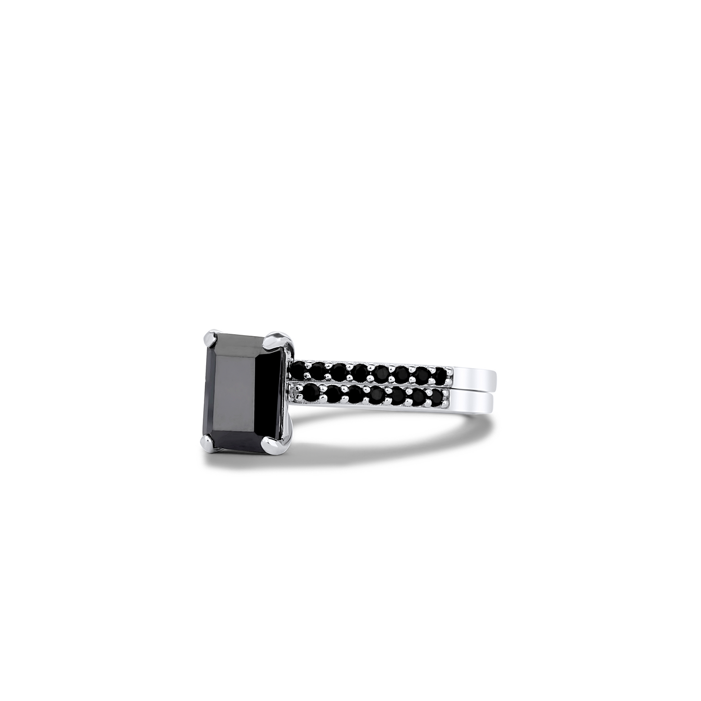 No Halo Black Emerald Cut Bridal Set in 925 Sterling Silver