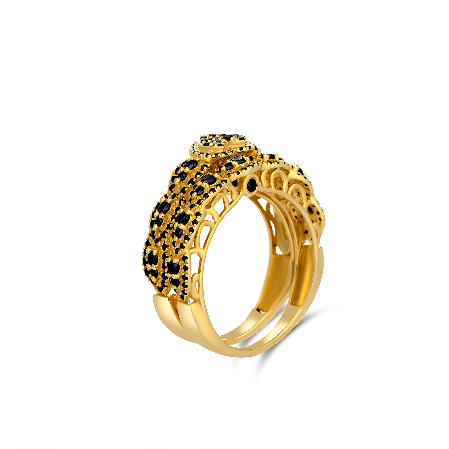 Ruby Heart Cut Black Diamond Cluster Bride Set in 18K Gold