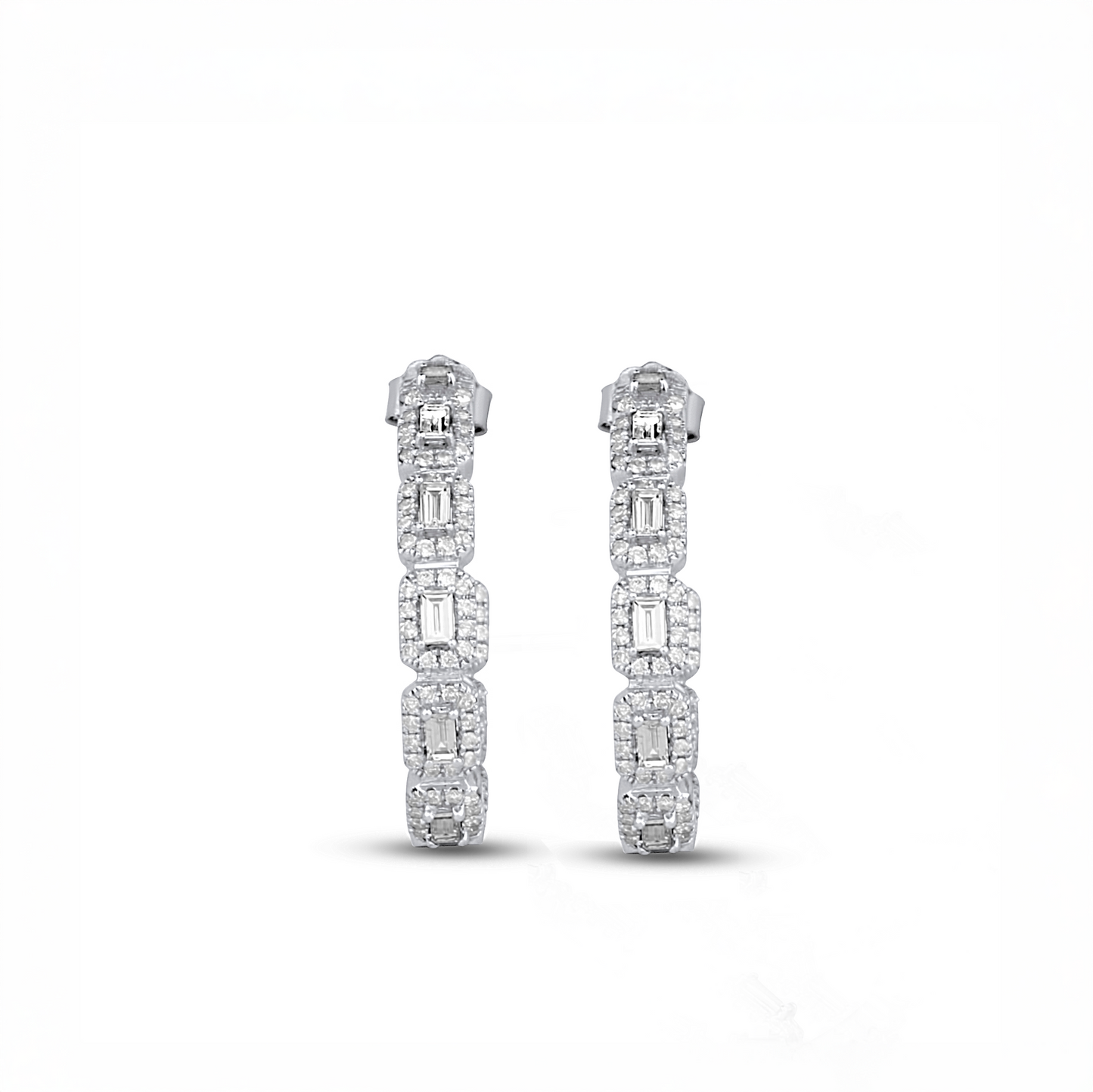 Round and Baguette Diamond Hoops Earring