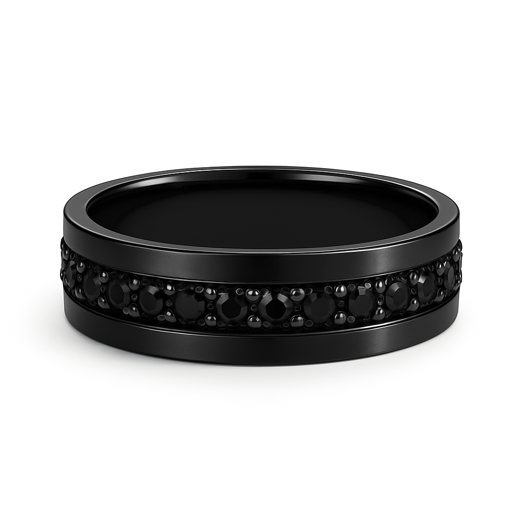 Black ring with embedded stones on a white background