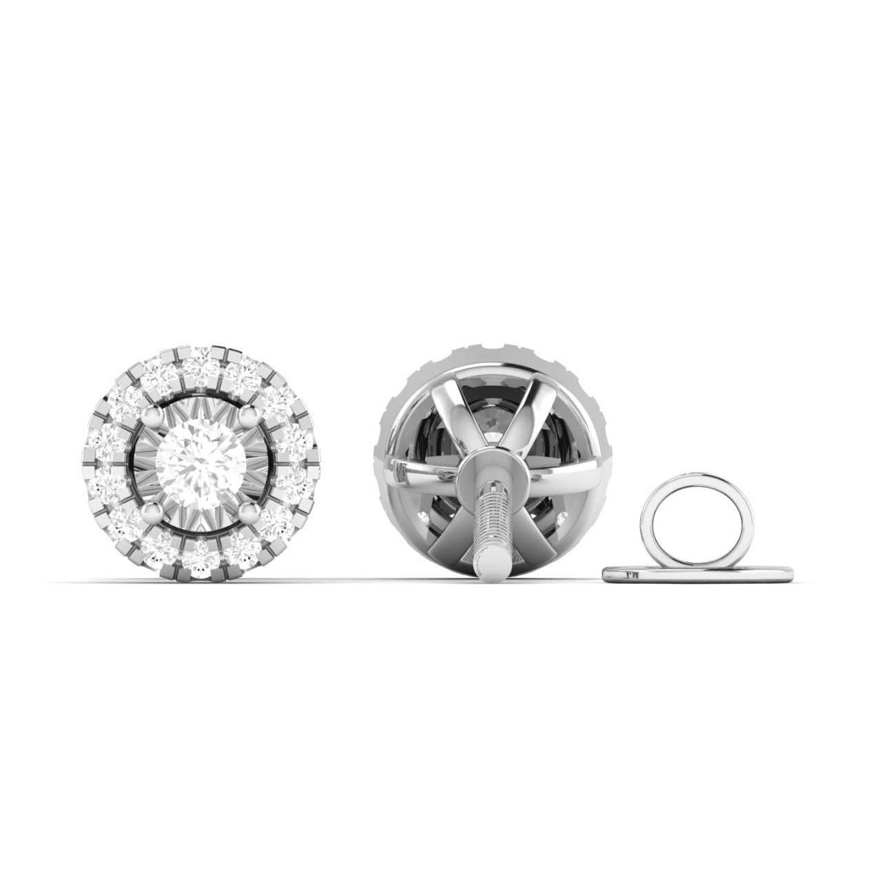 A pair of 18K gold diamond stud earrings with a Jackets design, including a side view of the back post and clasp mechanism.