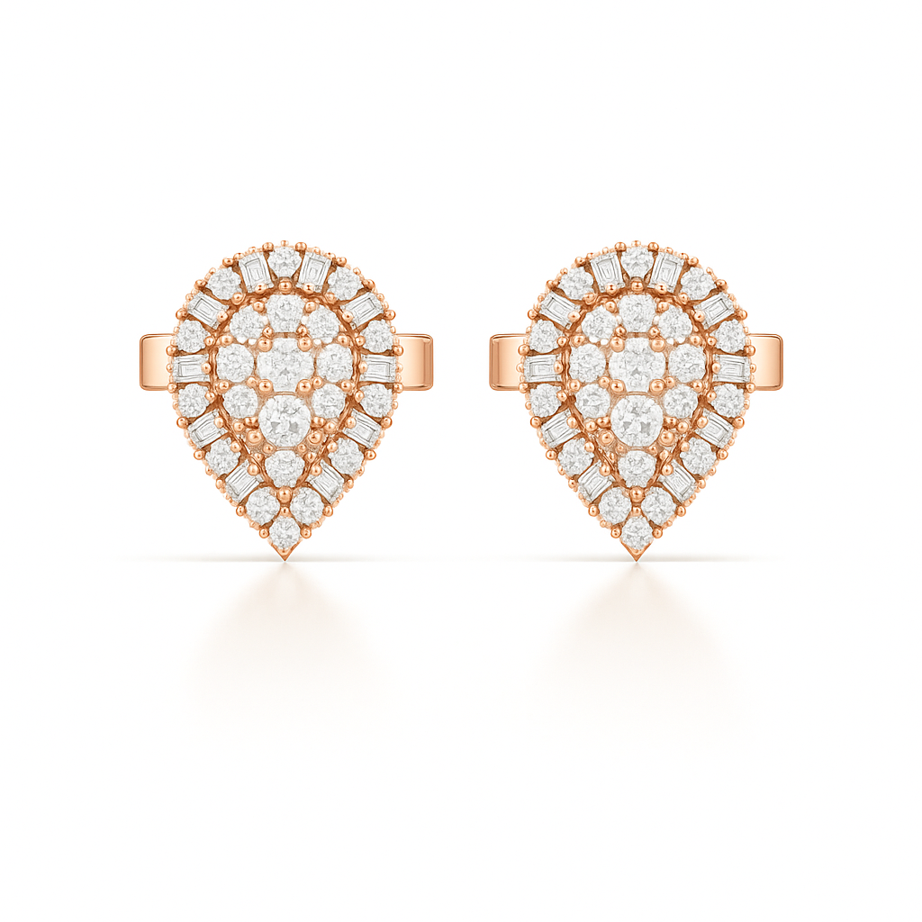 Rose gold teardrop-shaped earrings with clear gemstones on a white background