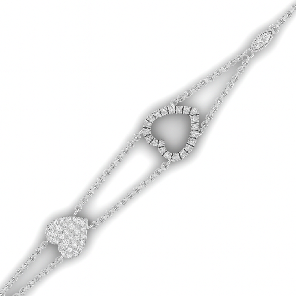 Diamond bracelet with heart-shaped links on a white background