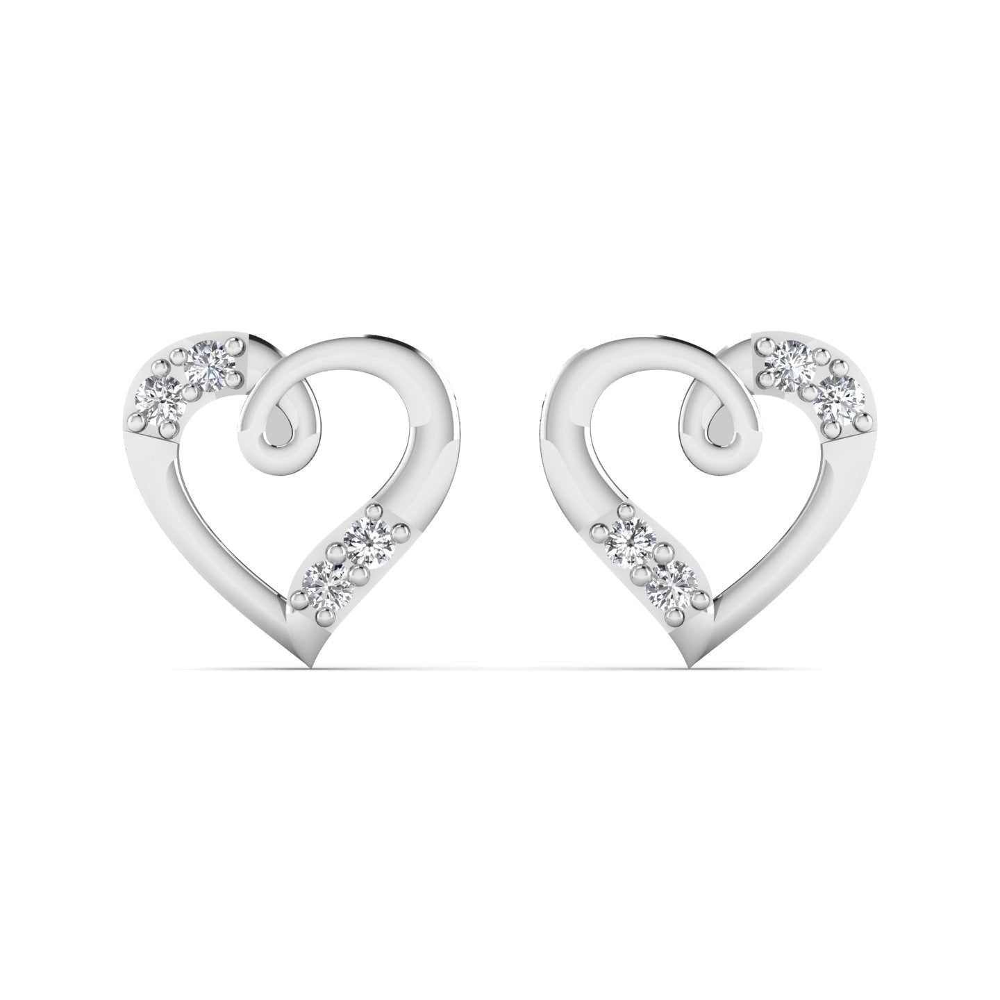 Heart-shaped silver earrings with small diamonds on a white background