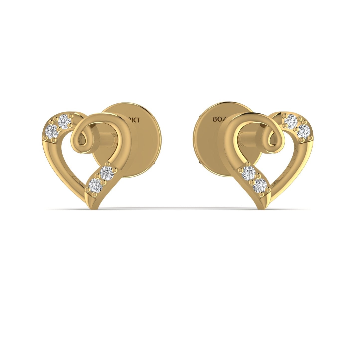 Gold heart-shaped earrings with embedded diamonds on a white background