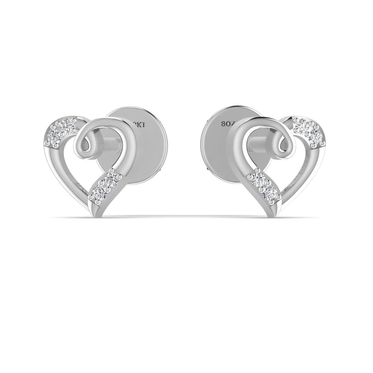 Heart-shaped silver earrings with small diamonds on a white background