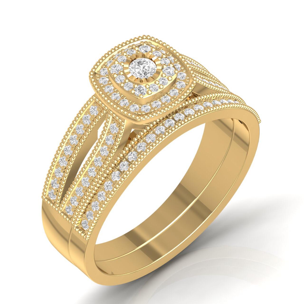 Cherry Cushion Cut Natural Diamond Cluster Bride Set in 18K Gold