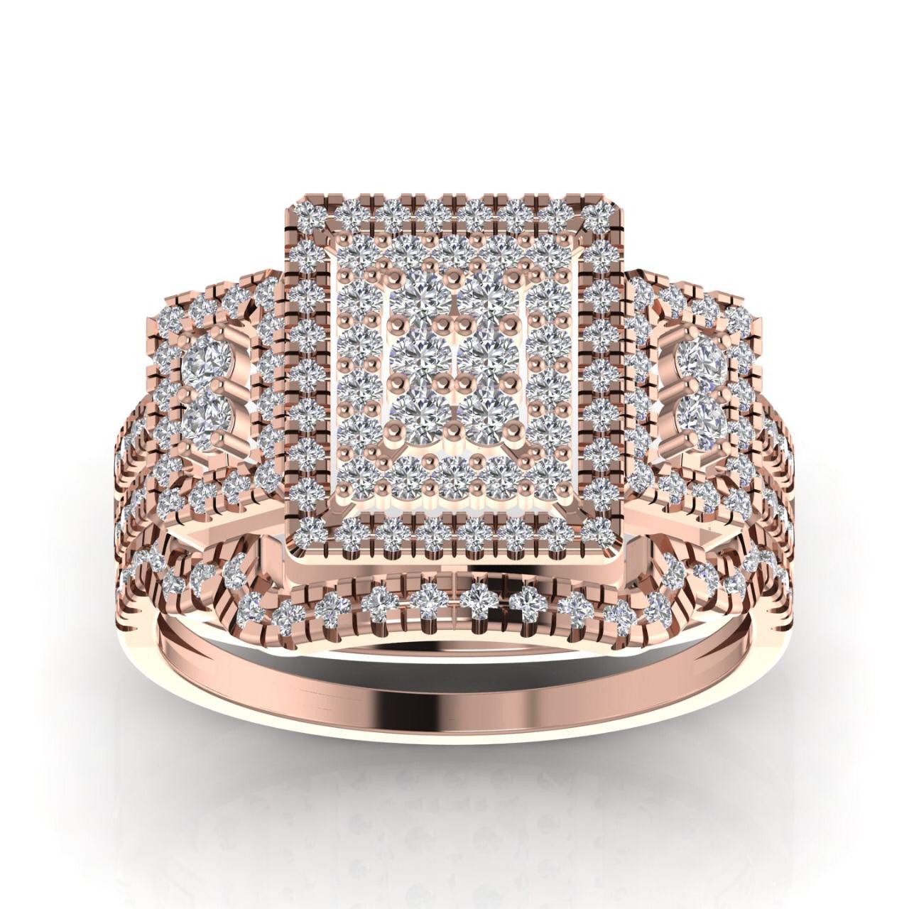 Regina Radiant Cut Natural Diamond Cluster Bride Set in 18K Gold
