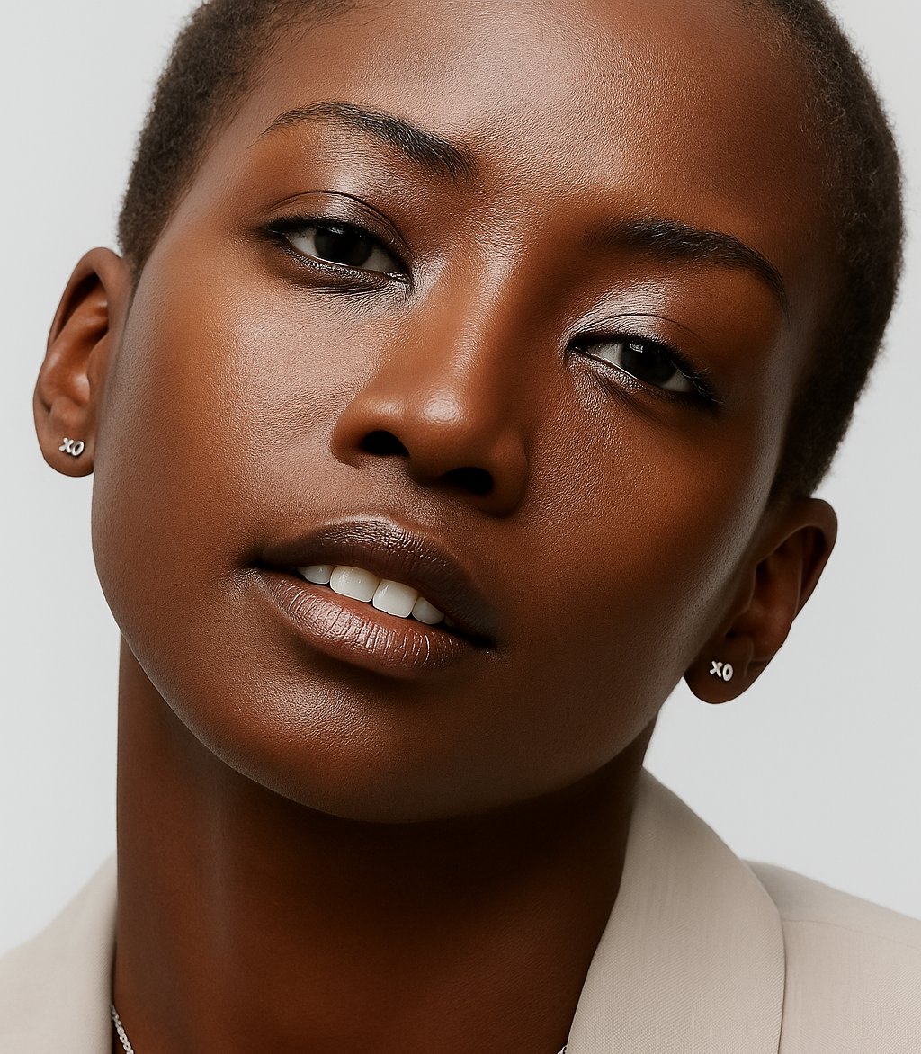 Close-up of a woman wearing a necklace with a plain background