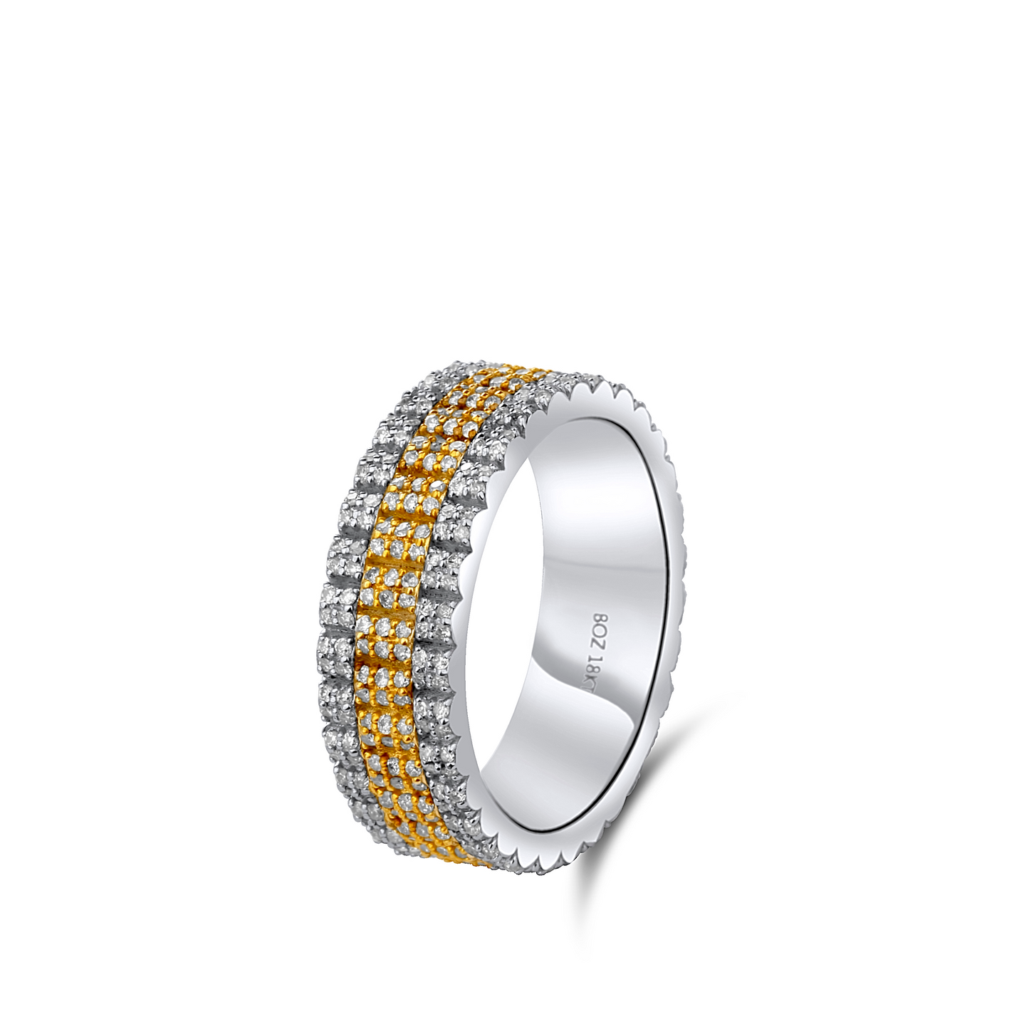 Silver and gold ring with 'Zoe' branding on a white background