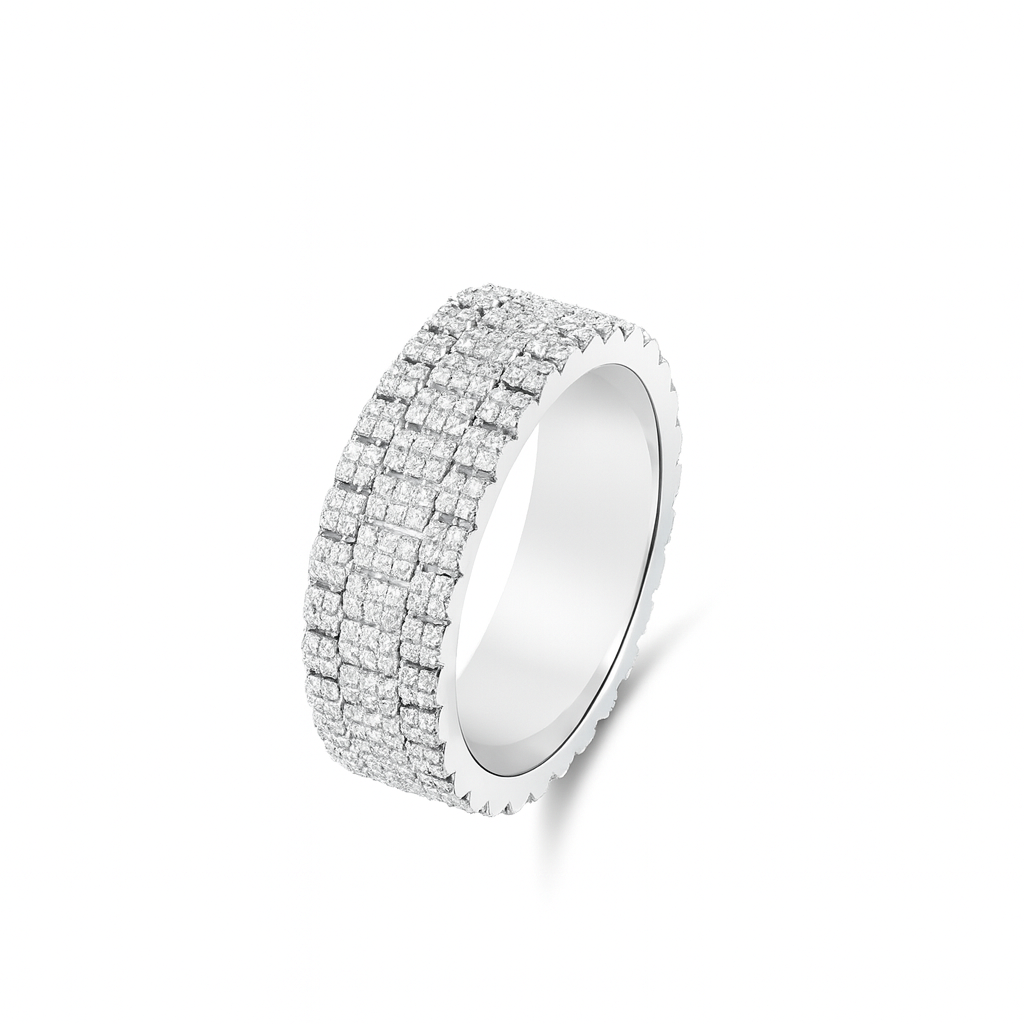 Silver ring with multiple rows of diamonds on a white background