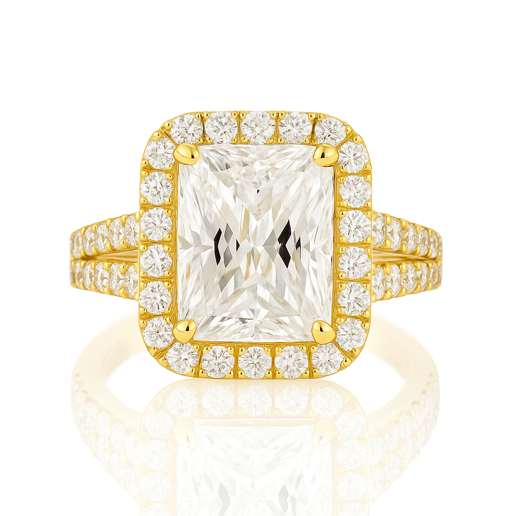 Gold ring with a large central diamond and smaller diamonds around on a white background