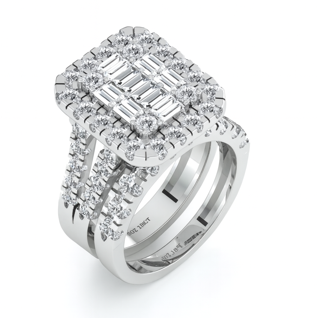 Diamond ring with a white gold band on a white background