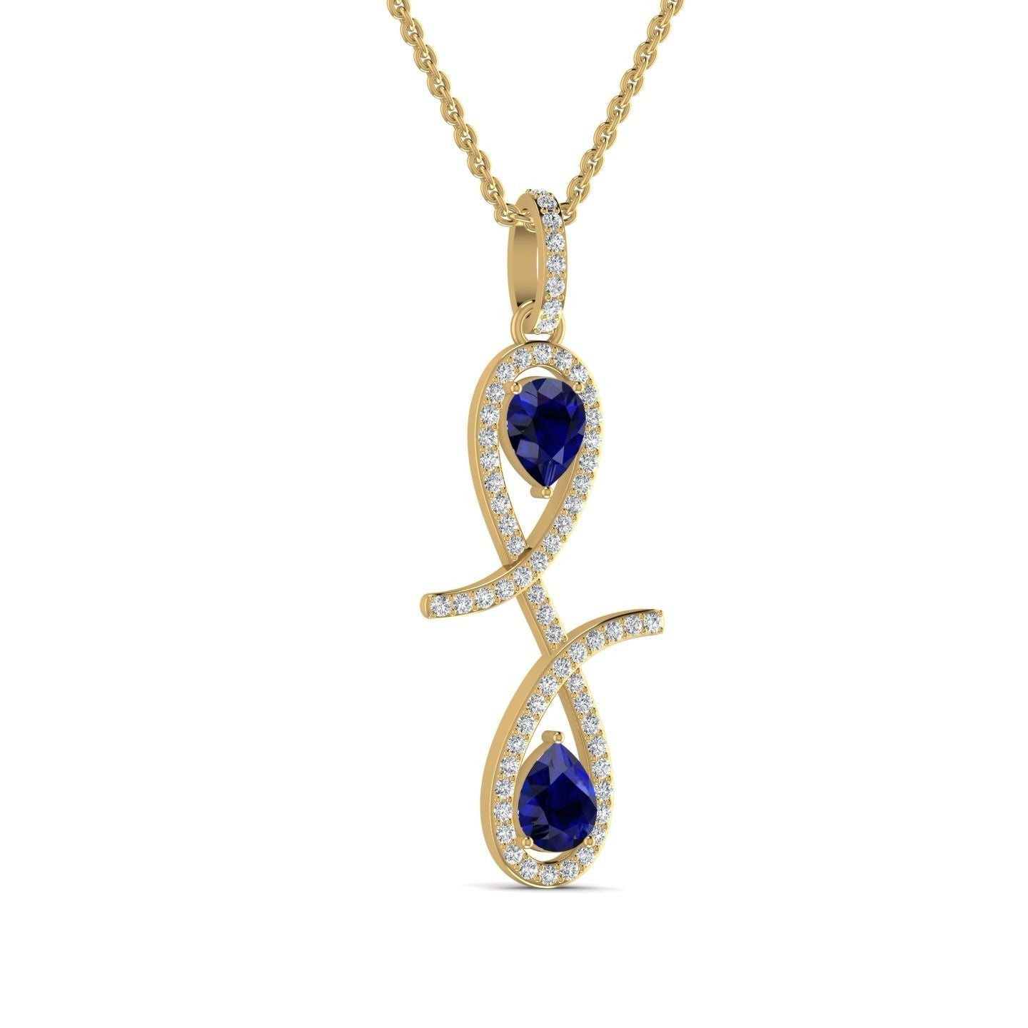 An 18 karat gold pendant necklace with a infinity symbol design featuring a central green emerald stone surrounded by smaller clear diamonds on the chain.