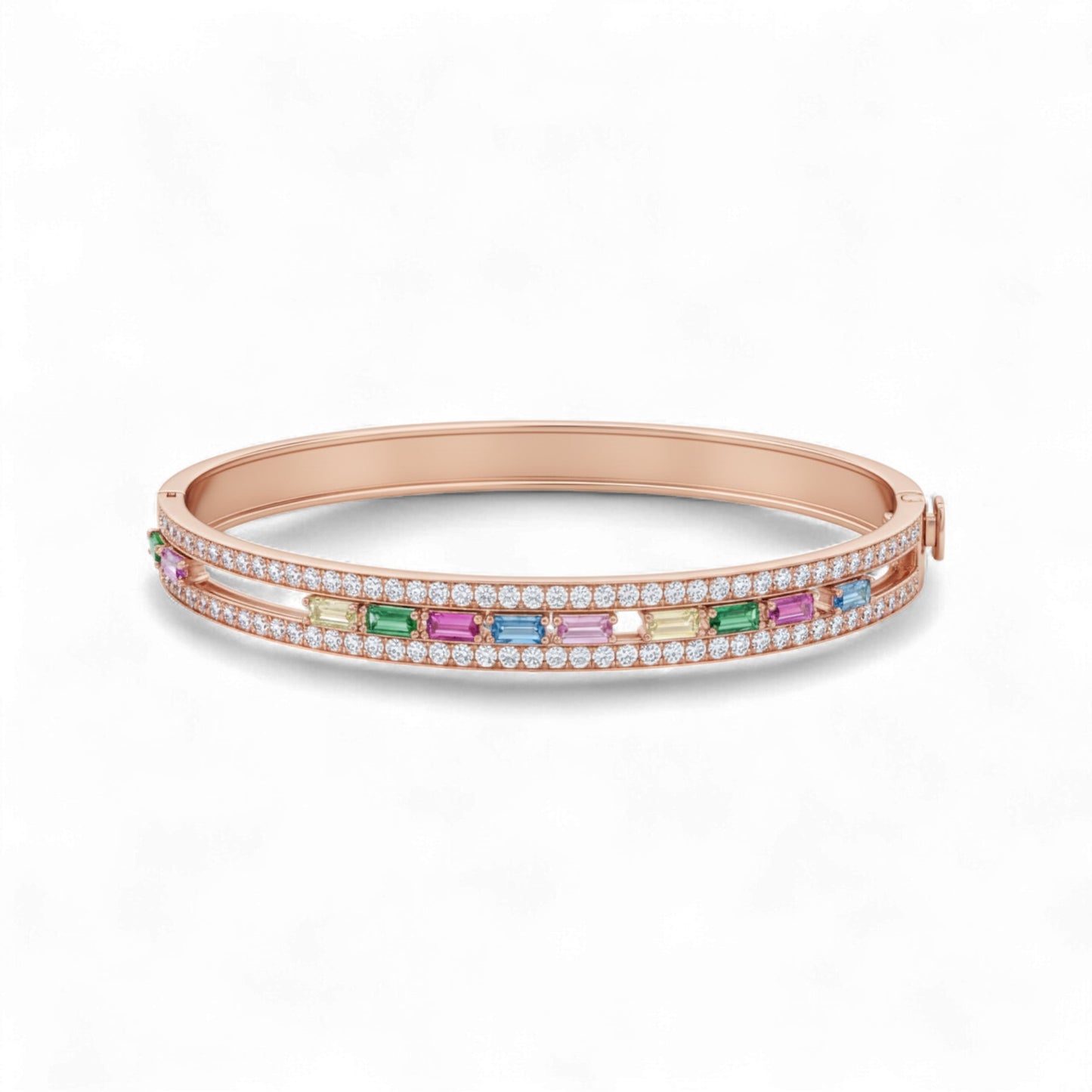 Rose gold bracelet with colorful gemstones on a white background