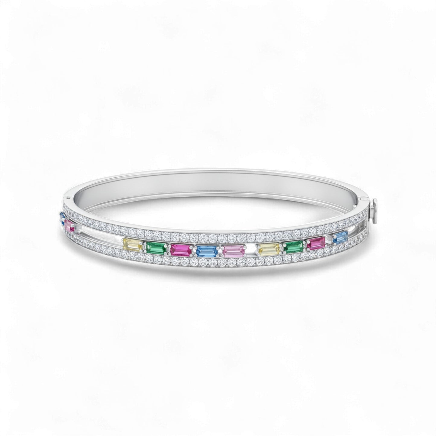 Silver bracelet with colorful gemstones on a white background