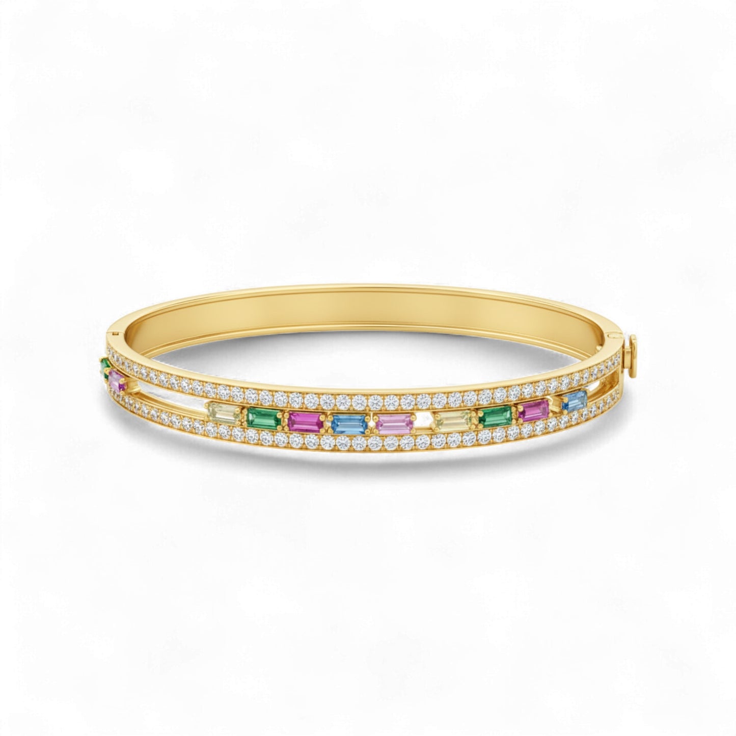 Gold bracelet with colorful gemstones on a white background