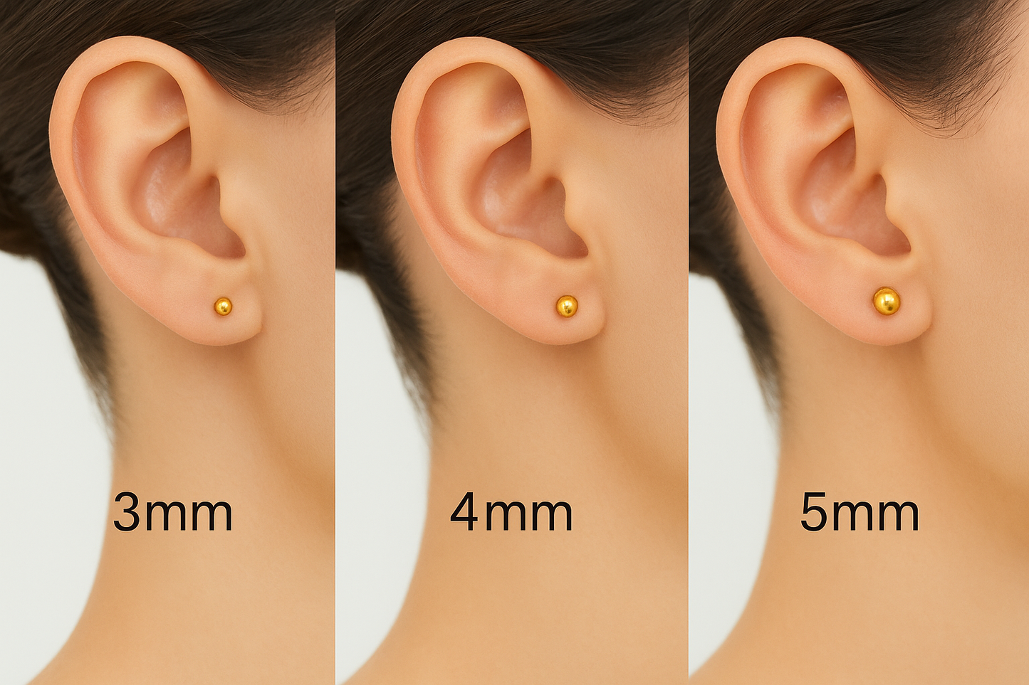Three ears with gold earrings of different sizes labeled 3mm, 4mm, and 5mm.