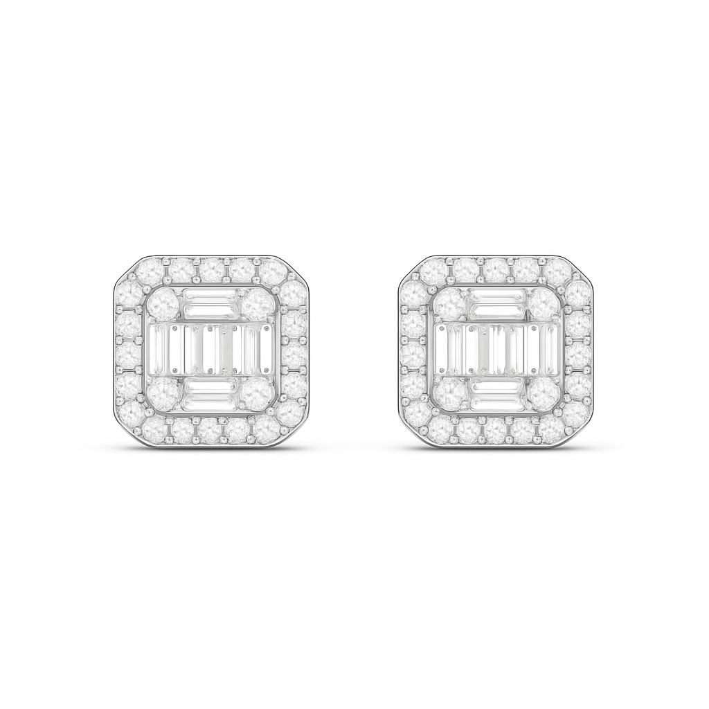 Pair of diamond earrings with emerald-cut center stones on a white background