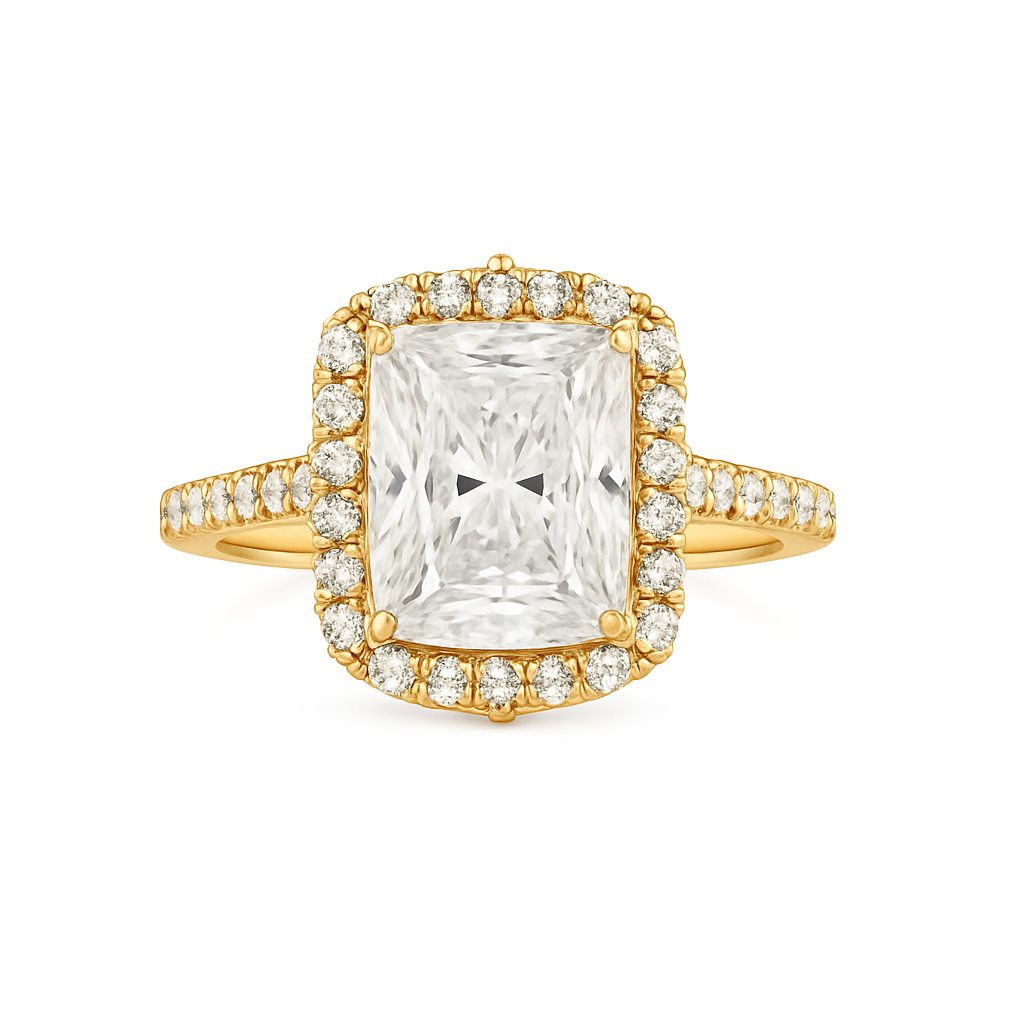 Gold ring with a large diamond and smaller diamonds around on a white background