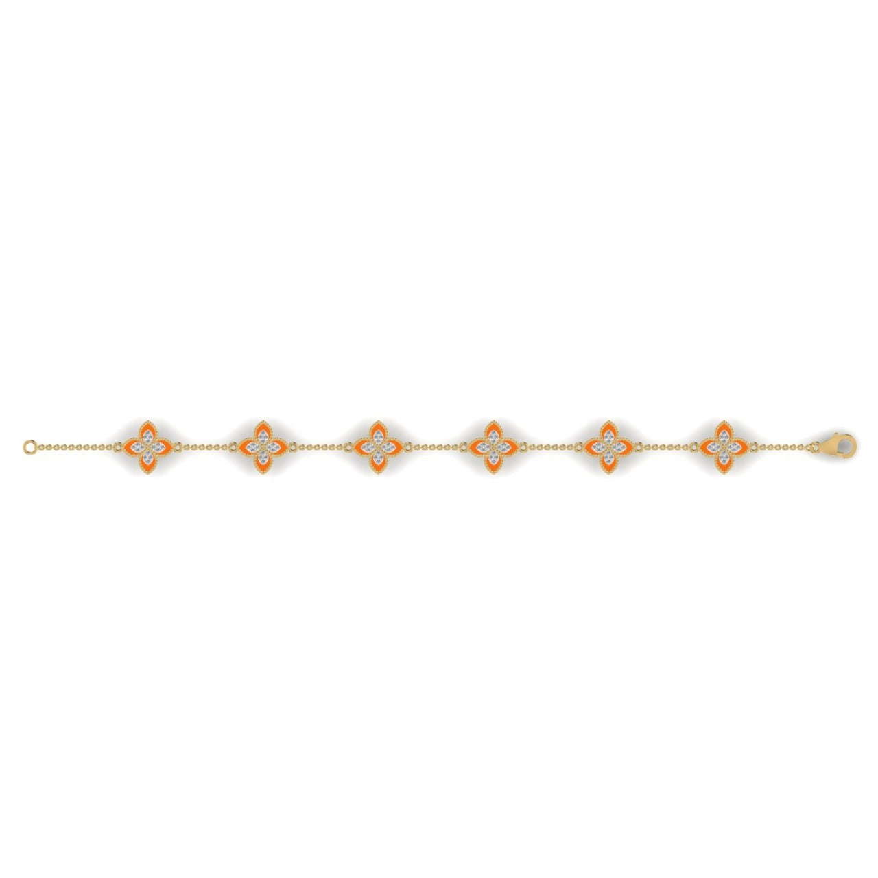 A bracelet made of gold with dual diamond clover designs on each side.