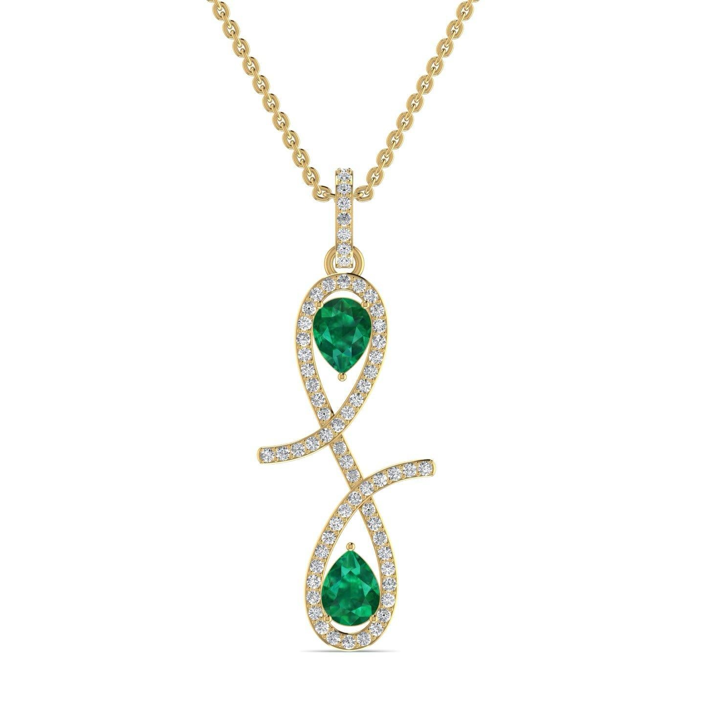 An 18 karat gold pendant necklace with a infinity symbol design featuring a central green emerald stone surrounded by smaller clear diamonds on the chain.