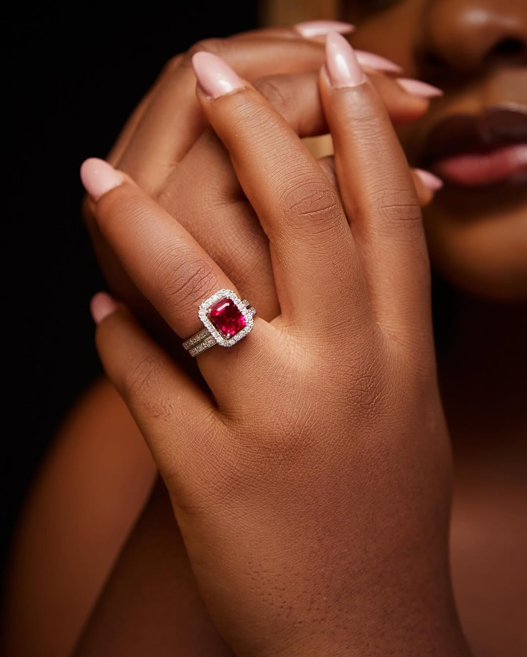 Ruby Love Radiant Cut Natural Diamond Side Stones Bride Set in Platinum