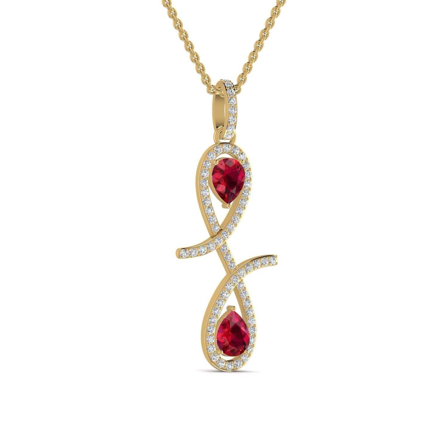 An 18 karat gold pendant necklace with a infinity symbol design featuring a central green emerald stone surrounded by smaller clear diamonds on the chain.