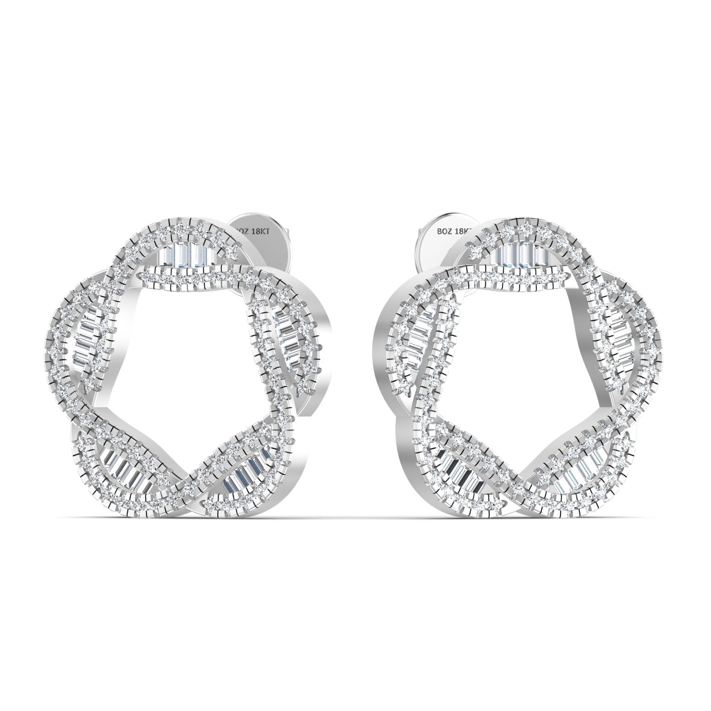 A pair of sterling silver hoop earrings with moissanite stones set within them.