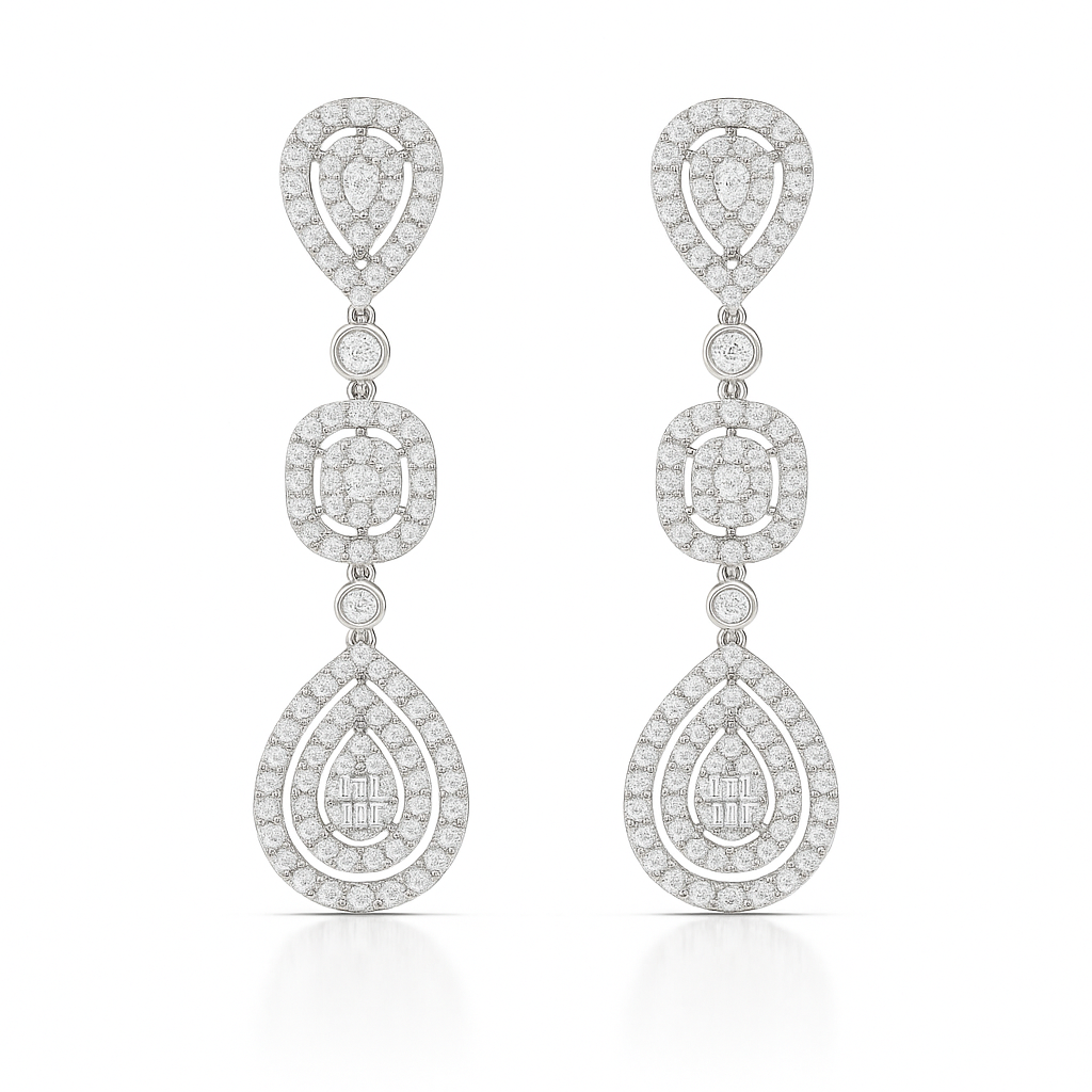 Pair of diamond teardrop earrings on a white background