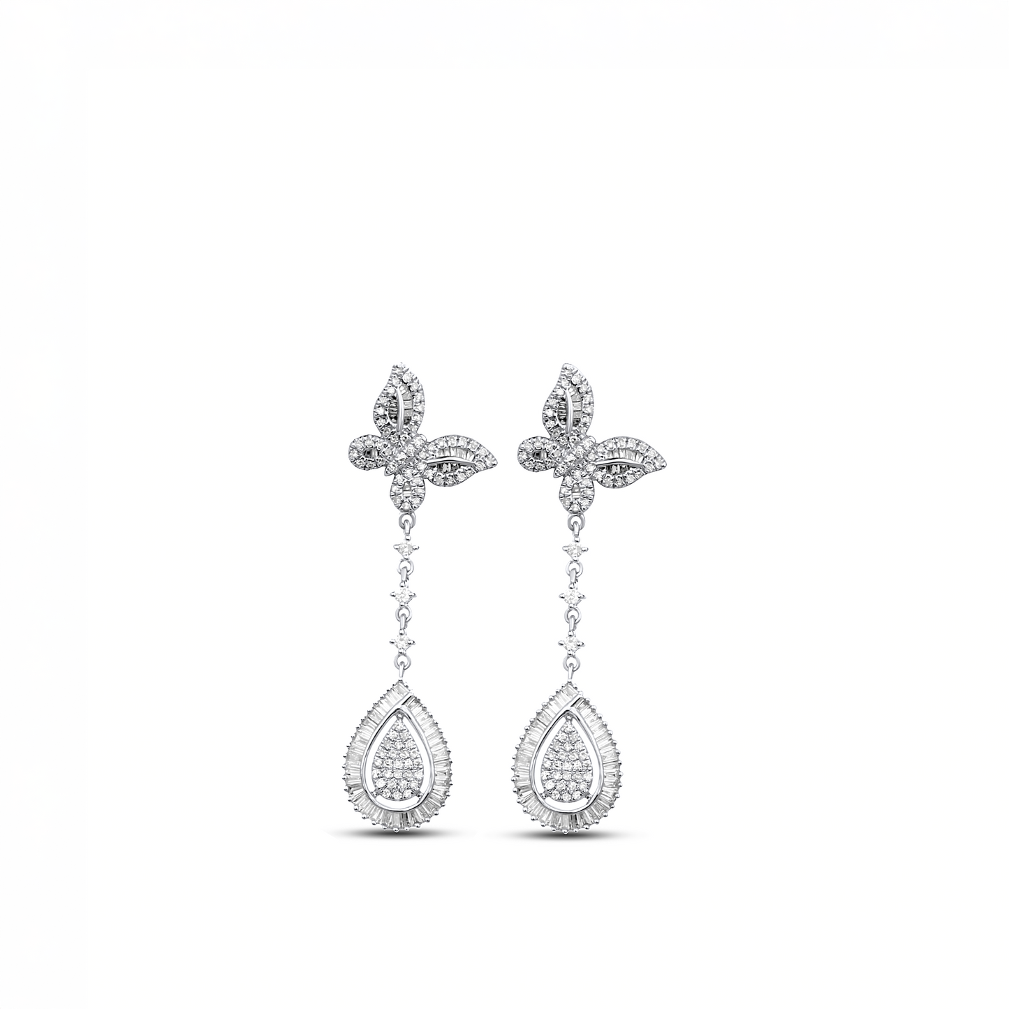 A pair of white gold tear drop earrings with diamonds, designed in the shape of butterflies, attached to the top of the drops.