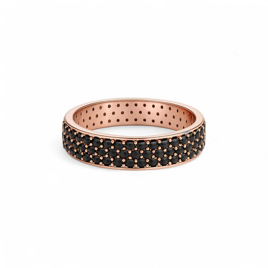 360 black studded cubic zirconia band in 18KT rose gold with precision-cut black stones all around